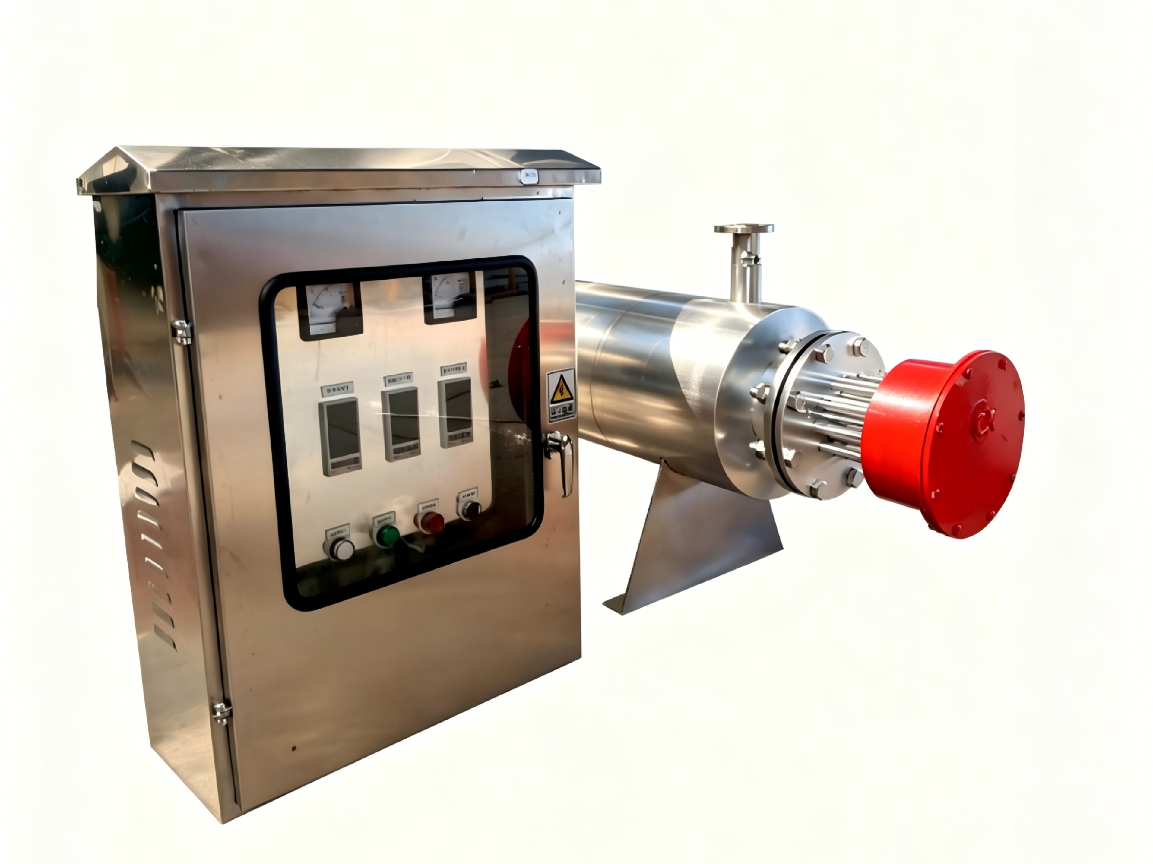 electric-liquid-process-fluid-heaters Electric inline process liquid heater package with control cabinet for industrial fluid heating