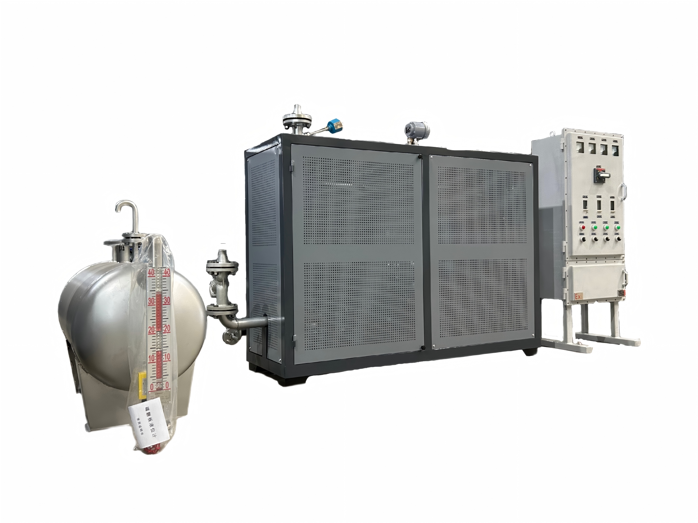 Complete explosion-proof electric heating system with heater, control cabinet, and cooling unit for hazardous industrial applications