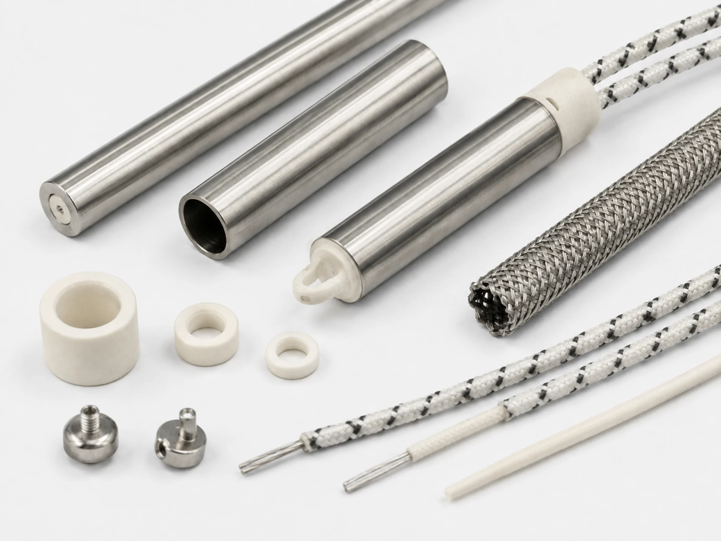 Stainless steel sheaths, ceramic insulation, braided leads and protective sleeves for cartridge heaters