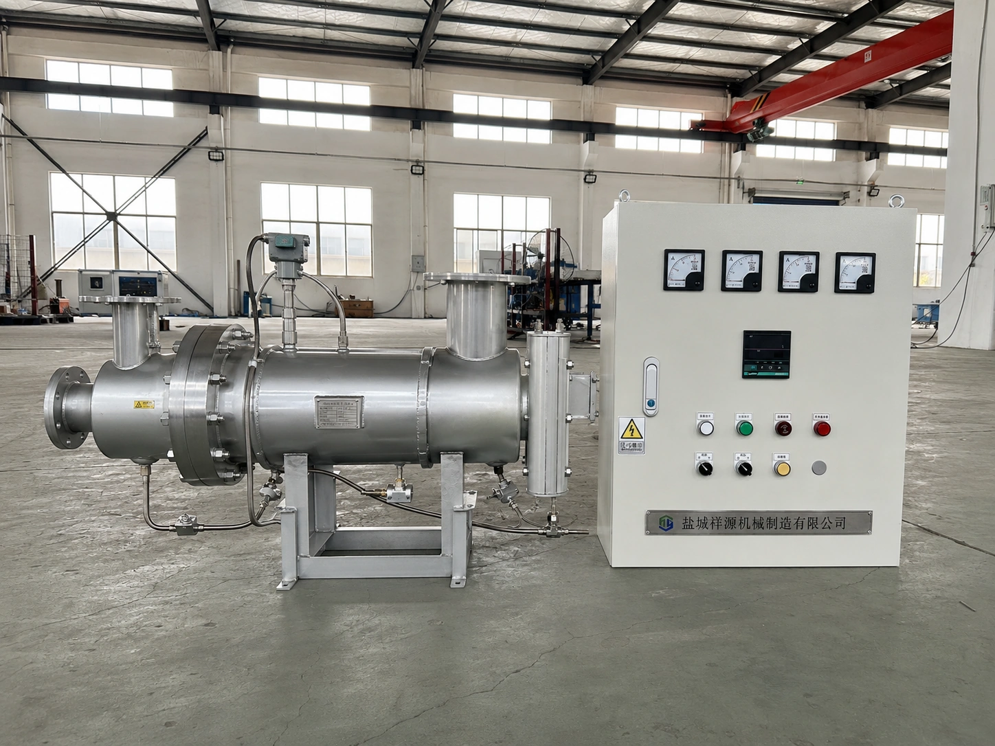Corrosive chemical liquid heater system with stainless steel vessel, instruments and control cabinet
