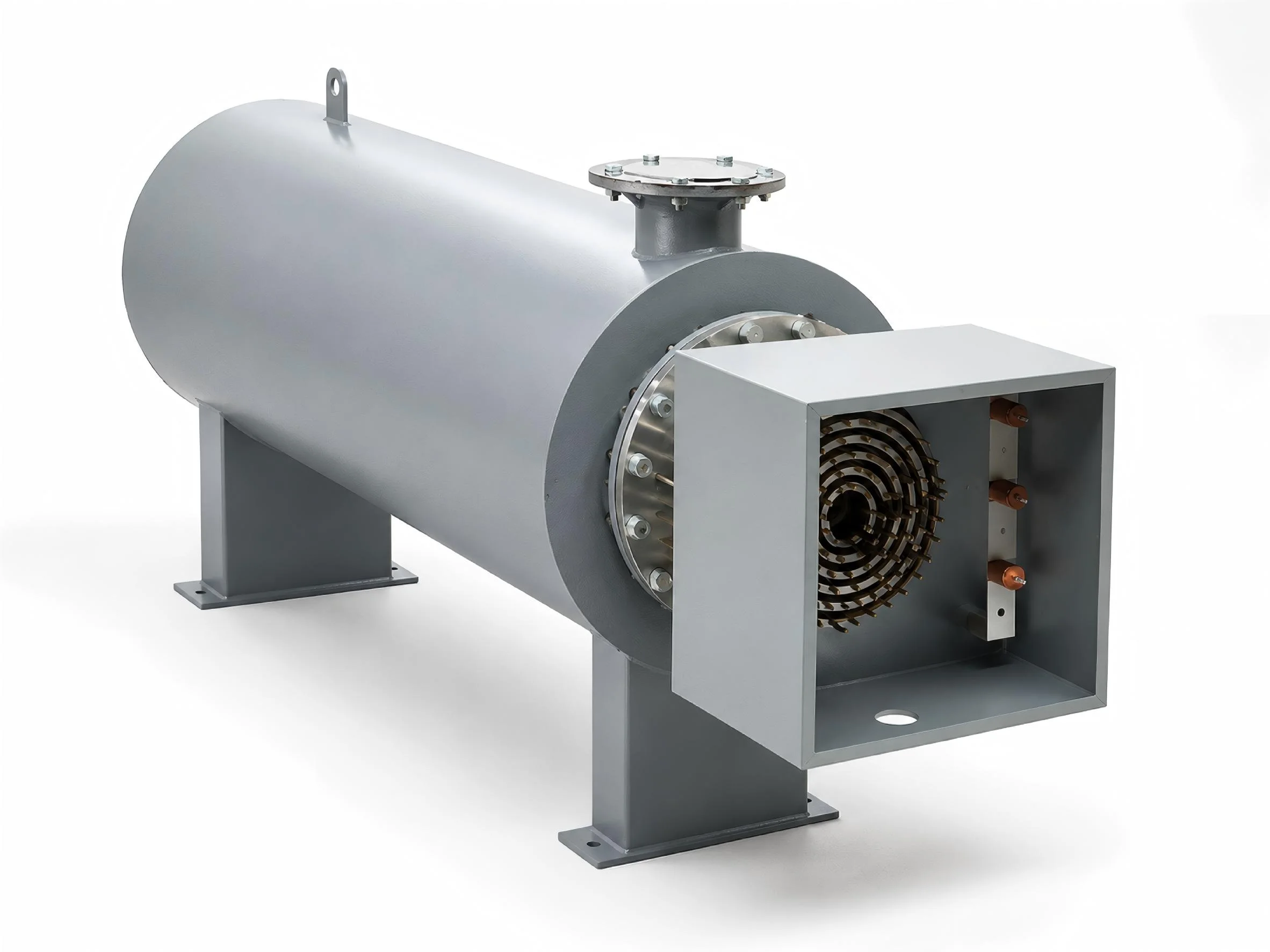 Horizontal electric air heater with terminal enclosure for industrial process air heating