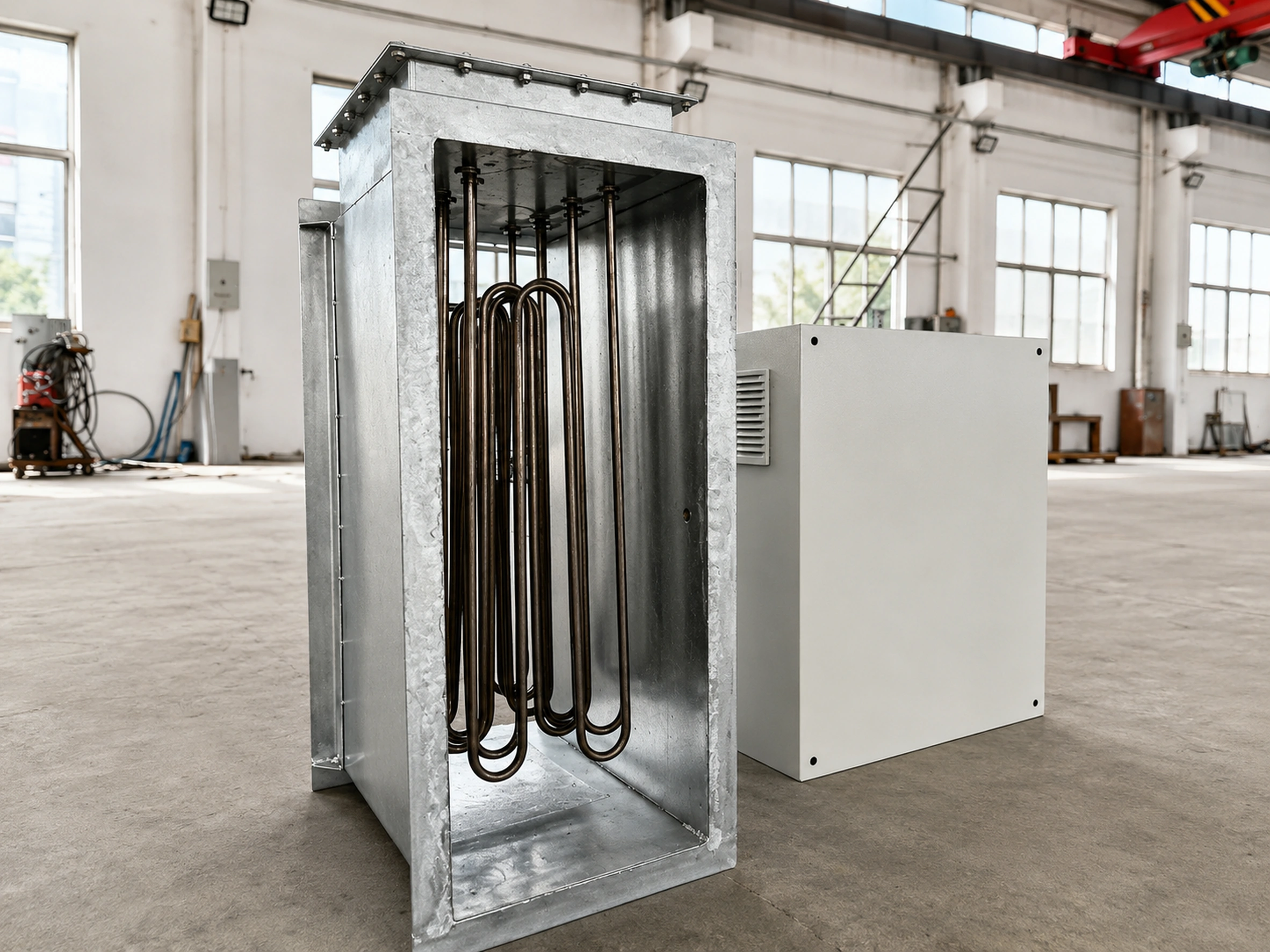 Internal U-shaped heating elements inside a rectangular electric flue gas heater casing