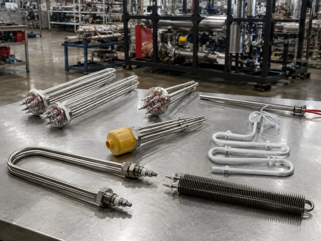 Electric heating elements including tubular finned and flanged designs