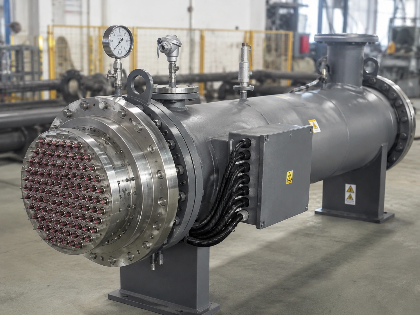 Electric pipeline heater safety protection with pressure gauge, transmitter and terminal box