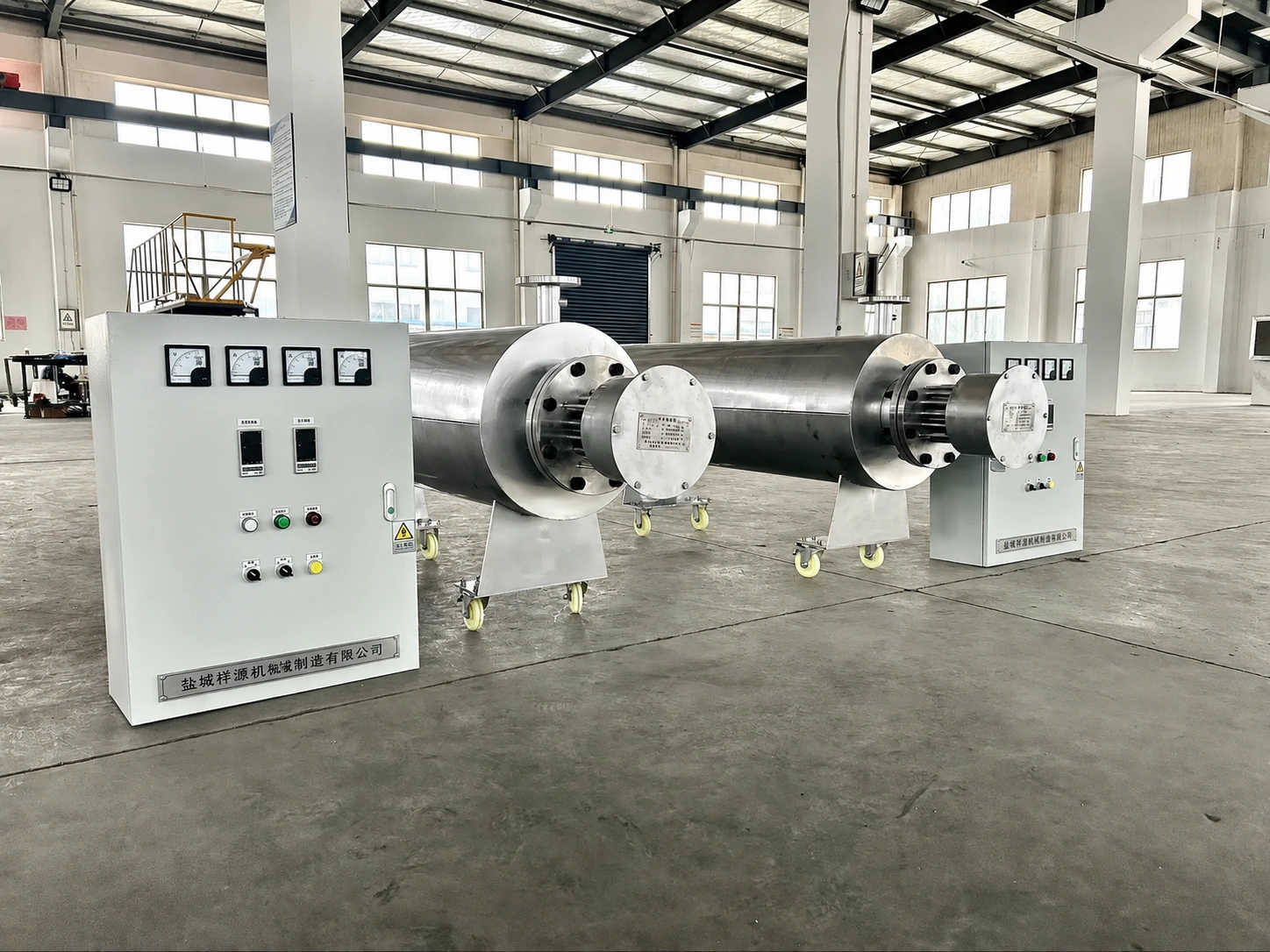 Electric wastewater heater product overview with industrial inline heater in factory