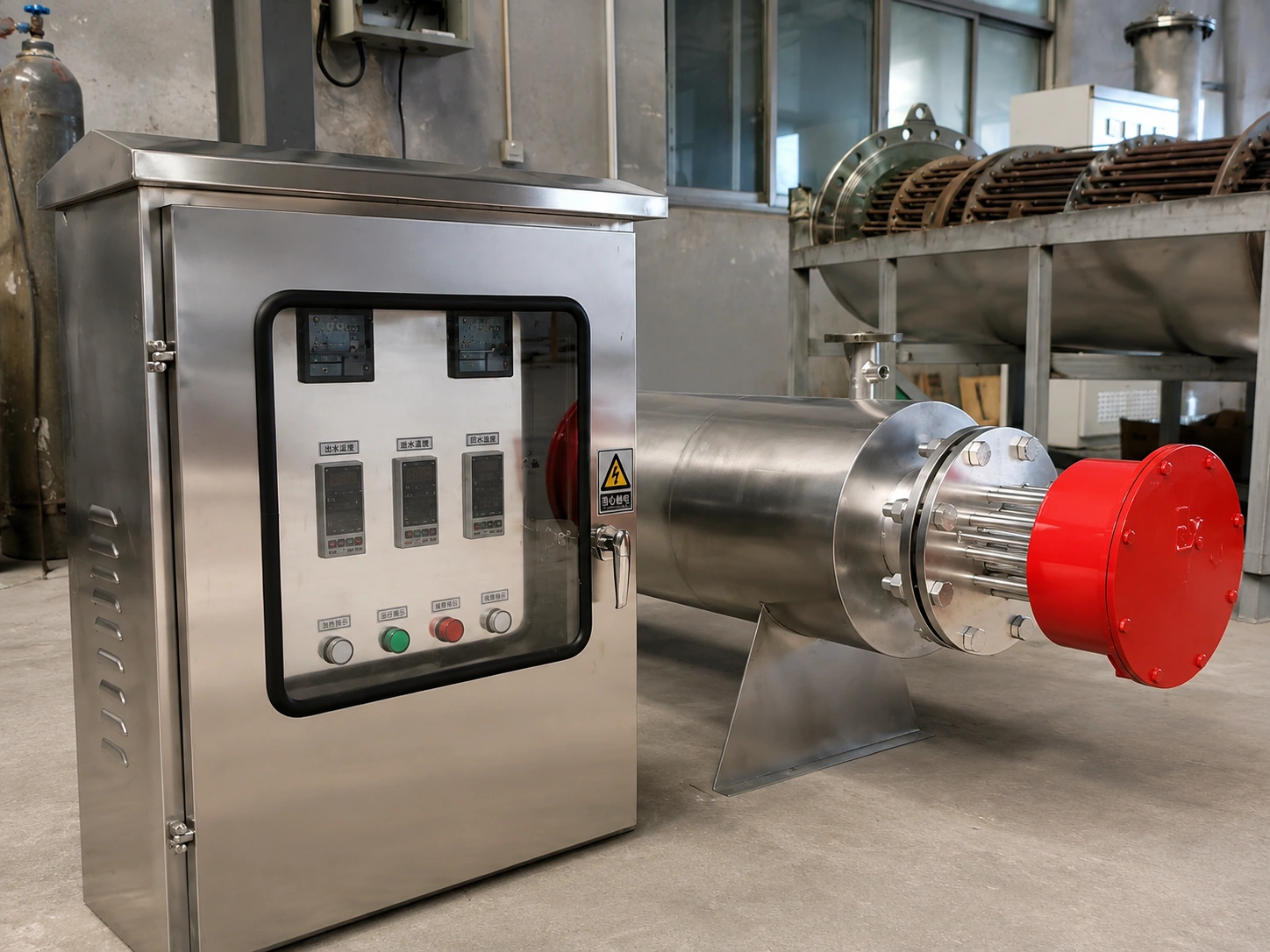 Explosion-proof electric liquid heater with control cabinet in industrial factory