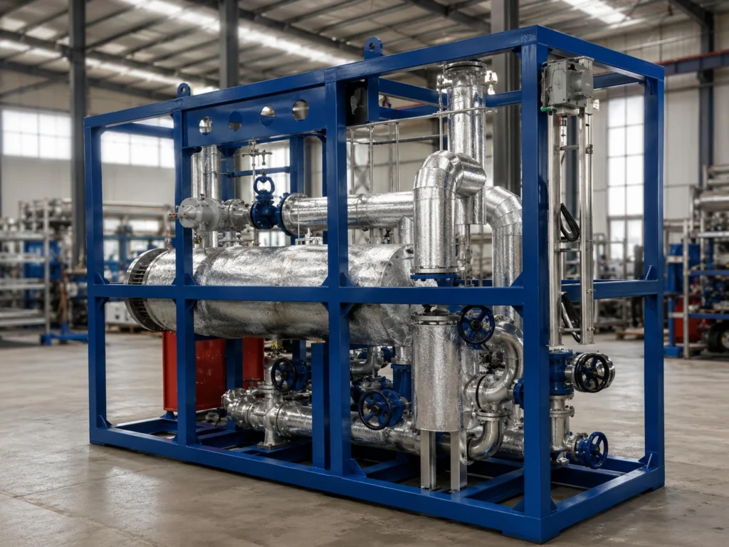 Industrial electric heating system with integrated controls and piping