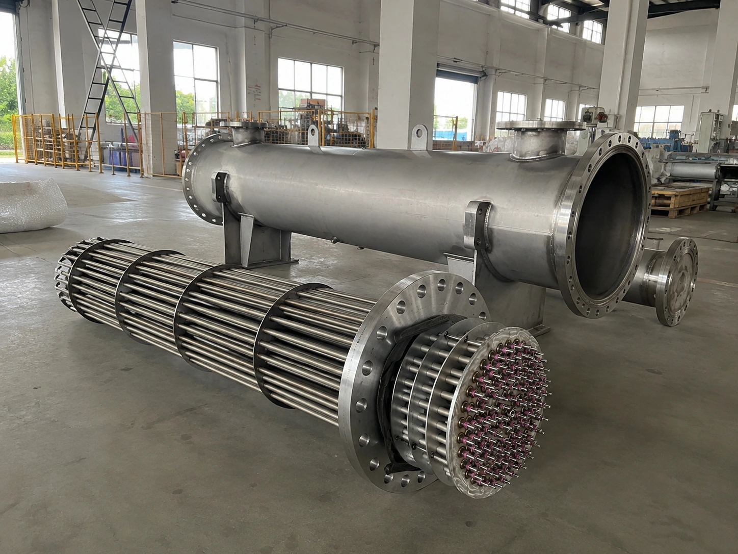 Electric pipeline heater product overview with horizontal inline heater in factory