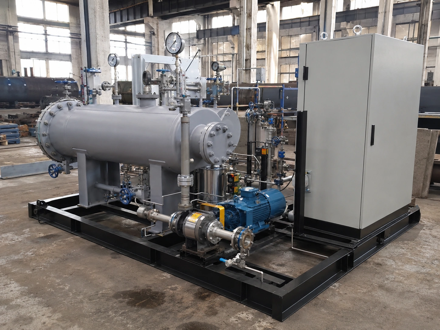 Oilfield skid-mounted crude oil electric heating system with heater, pump, piping and control cabinet