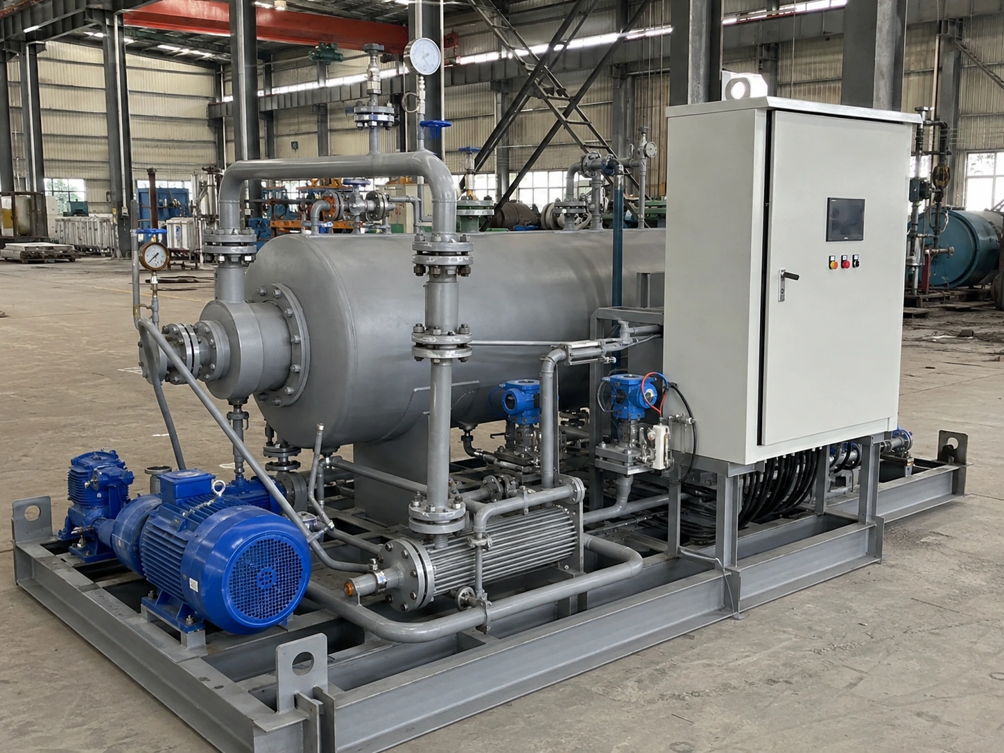 Oilfield skid-mounted crude oil heating system structure with heater, pump, valves, piping and control cabinet