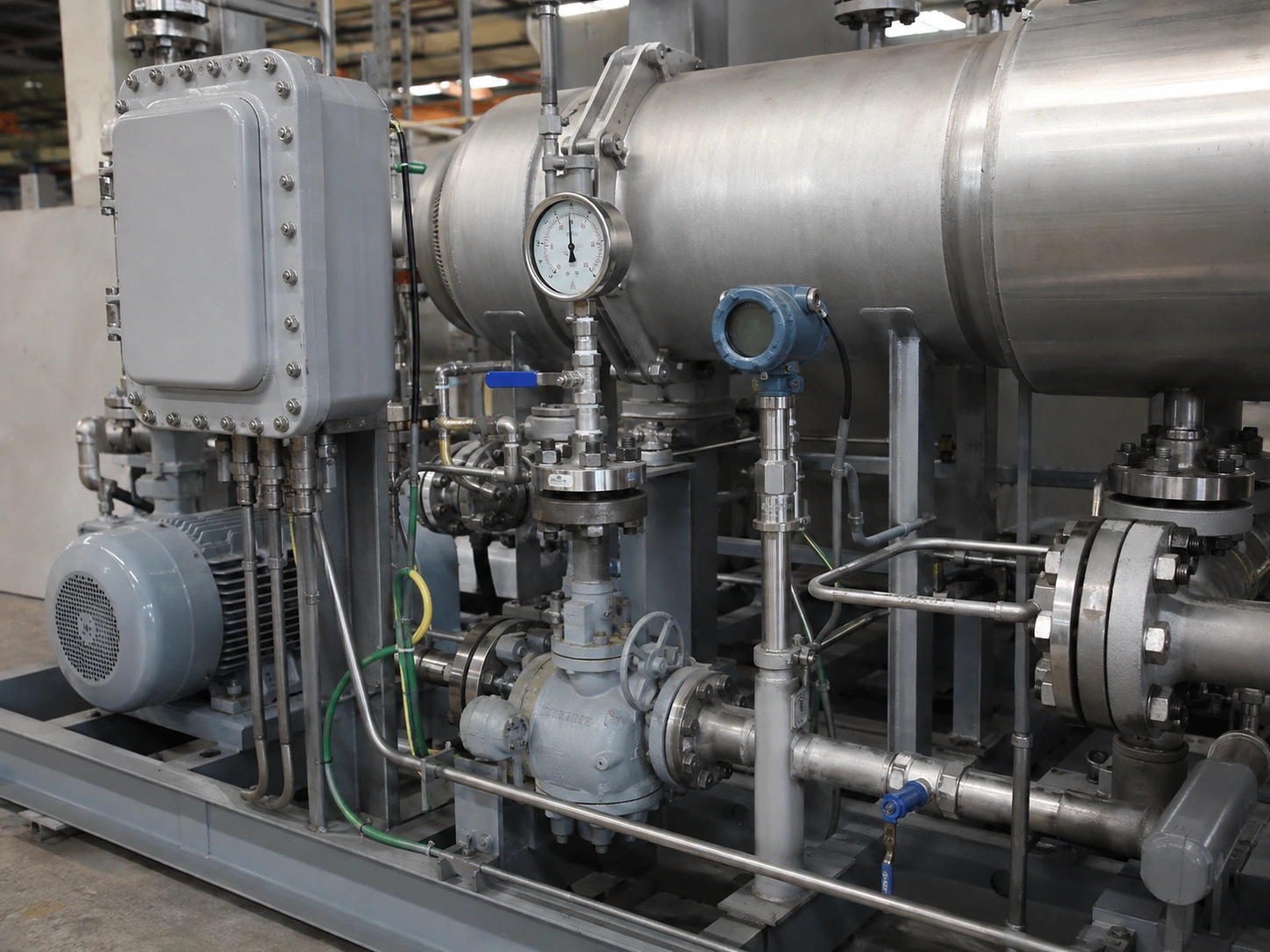 Oilfield crude oil heating skid safety protection with pressure gauge, sensor, valves and electrical box