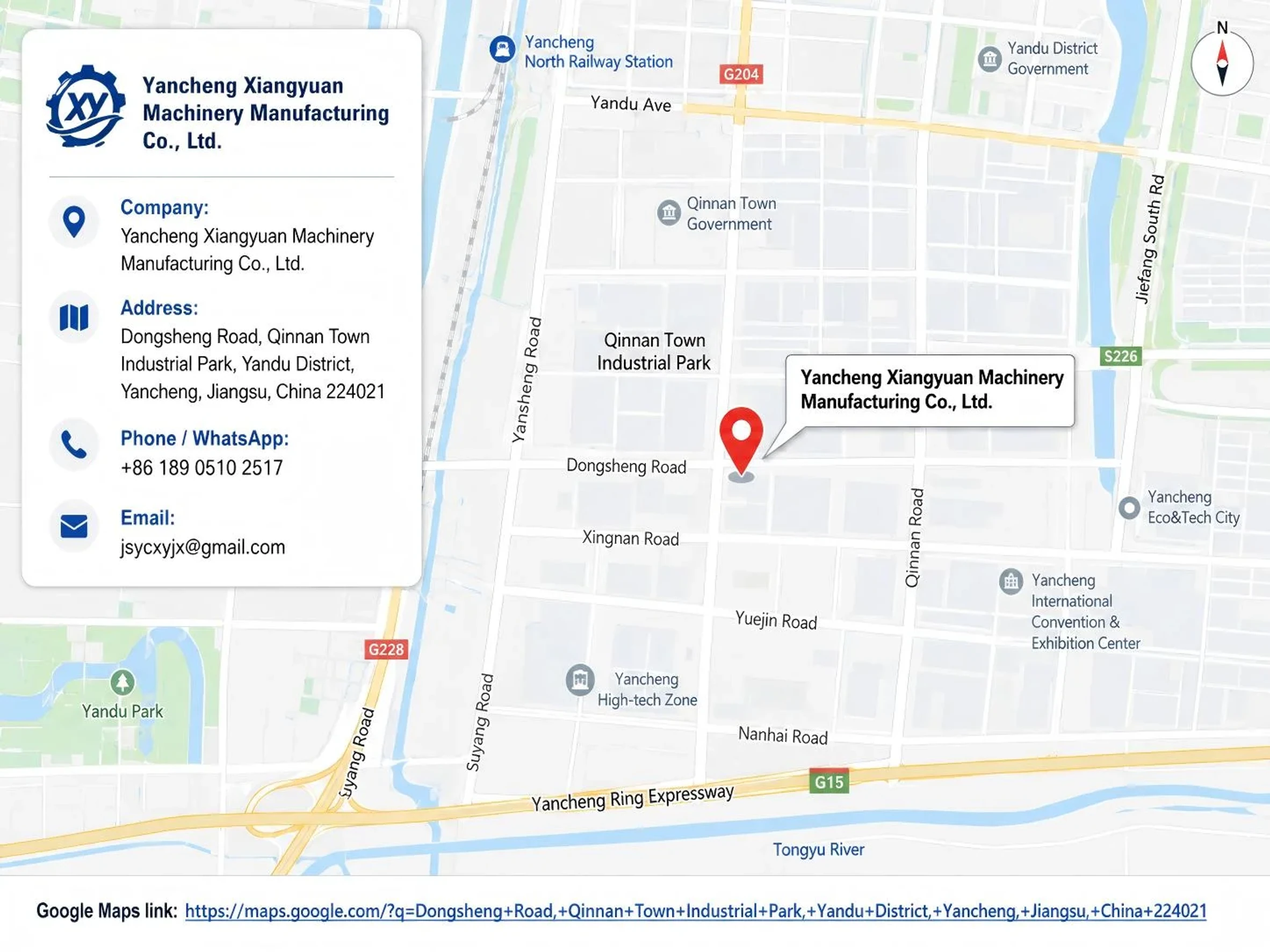 Google map location of Yancheng Xiangyuan Machinery Manufacturing Co., Ltd. in Qinnan Town Industrial Park, Yancheng, Jiangsu, China